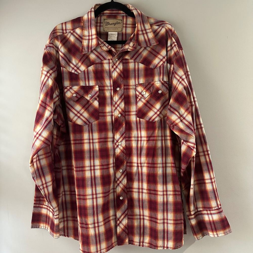 Vintage Wrangler Mens Western Snap Shirt Long Sleeve Plaid Pearl Snap‎ Button Up